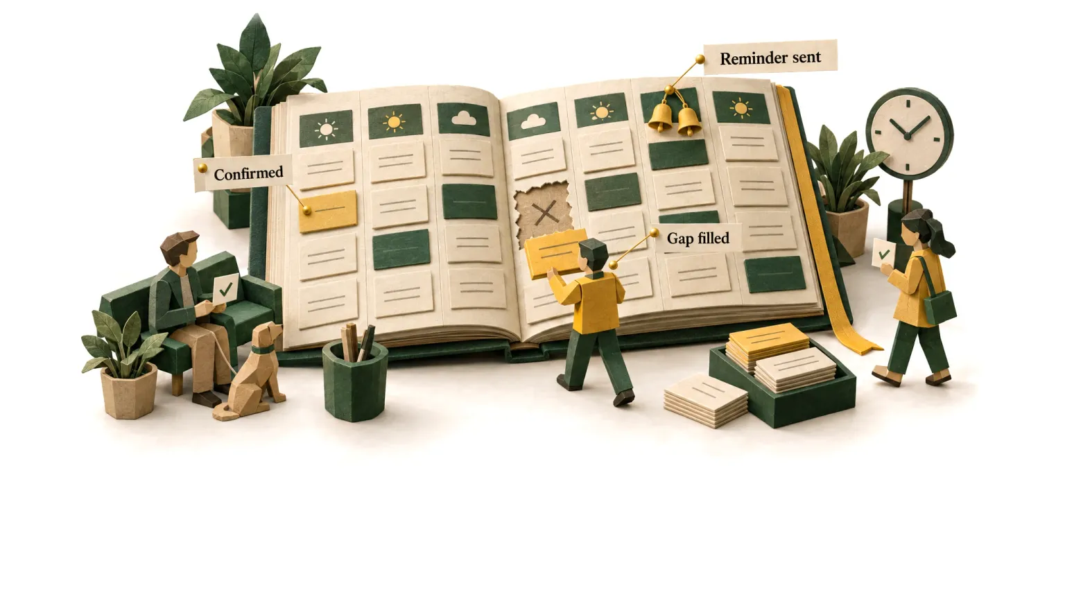 The AI Booking Coordinator at work, in paper craft: Confirms, reminds and reschedules every appointment, and fills the gaps cancellations leave.