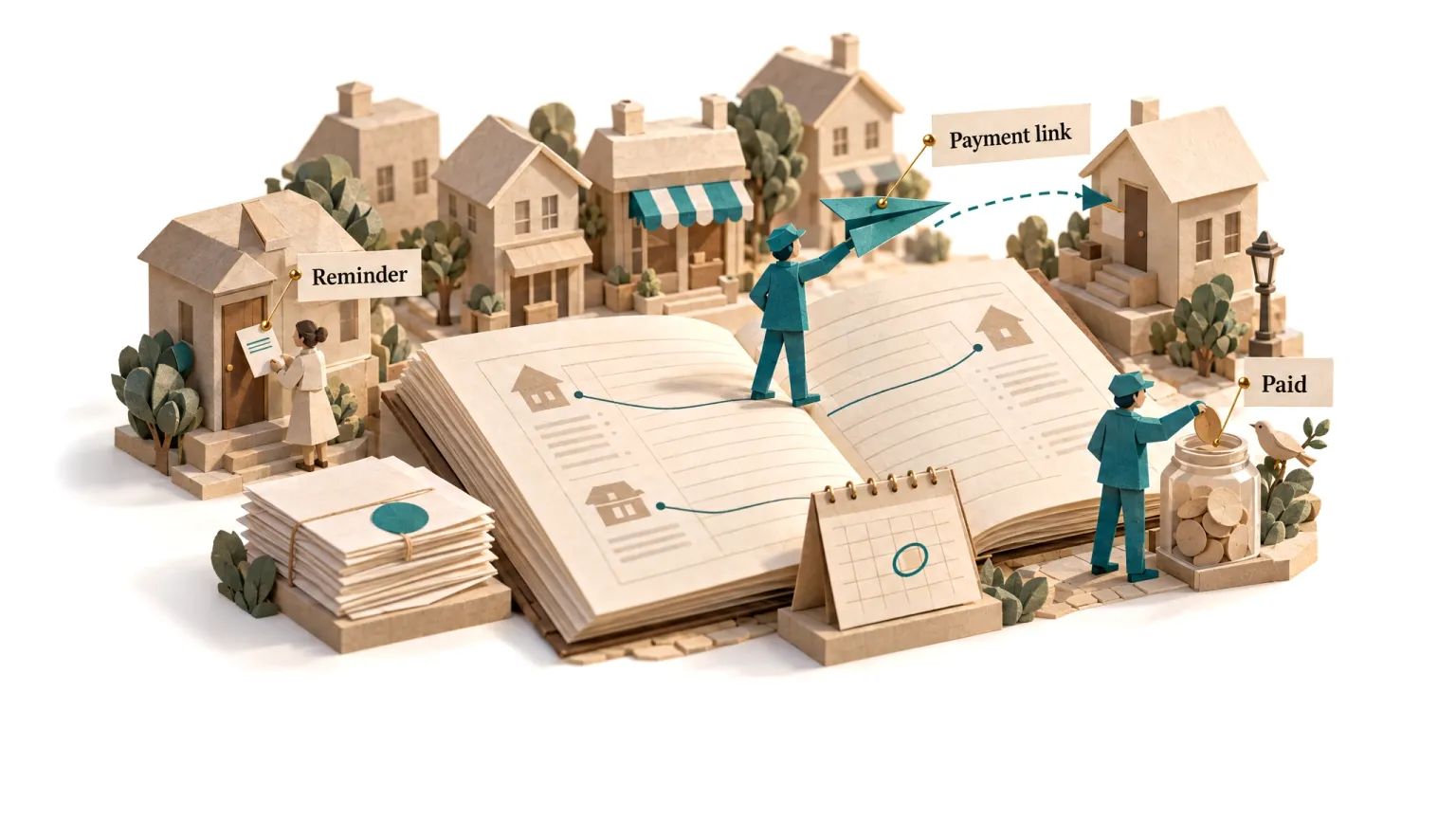 The AI Collections Agent at work, in paper craft: Reminds customers politely, sends the payment link and follows every promise to pay.