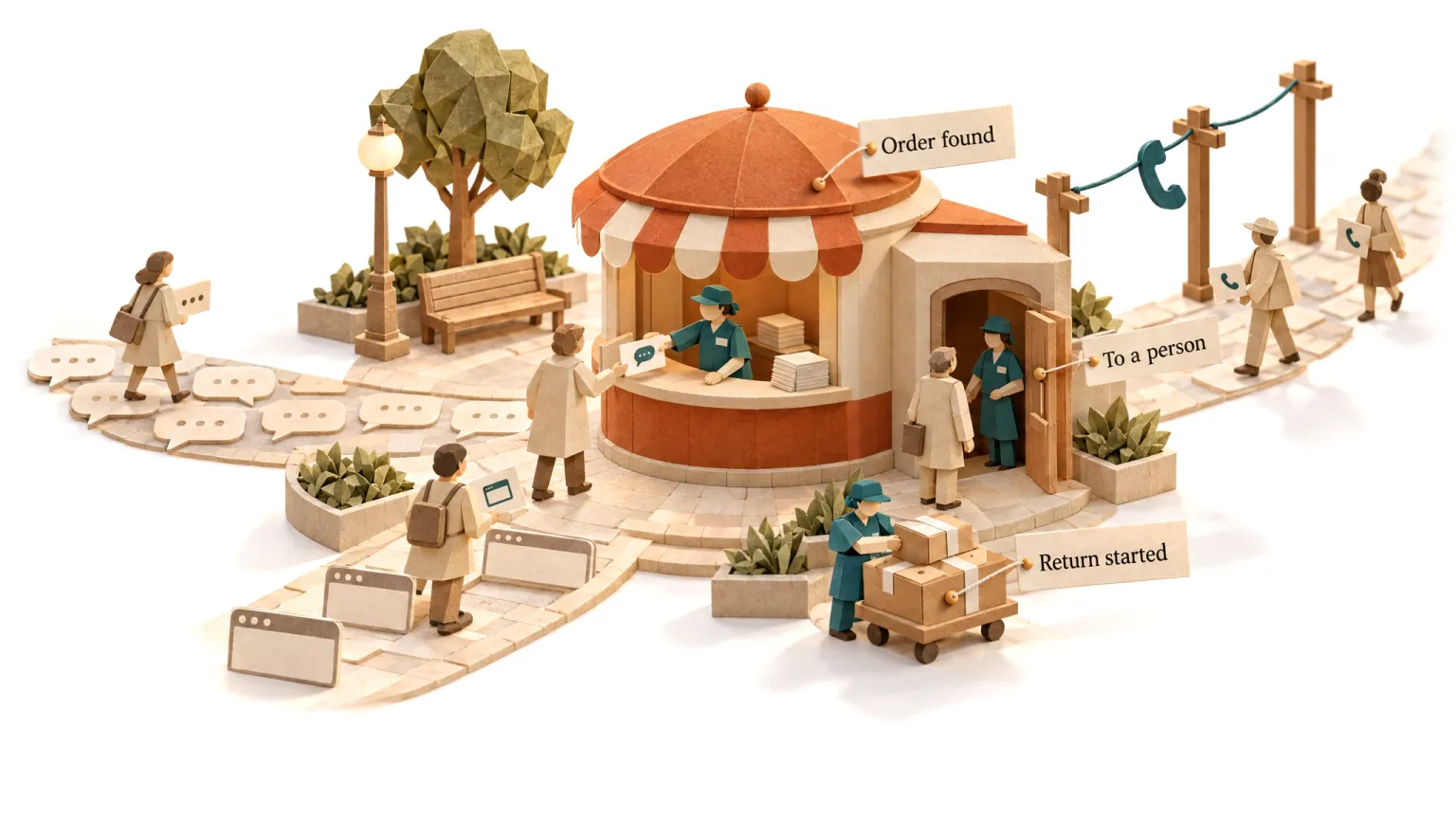 The AI Customer Service Agent at work, in paper craft: Answers customers on every channel with the right answer, and hands the serious cases to a person.