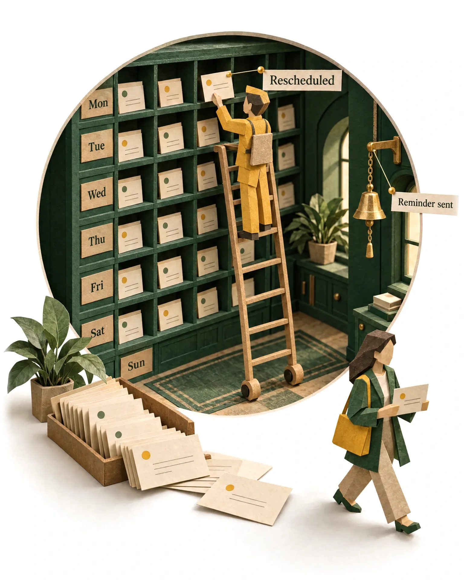 The AI Booking Coordinator on a ladder filling the one empty slot in a wall of appointments.