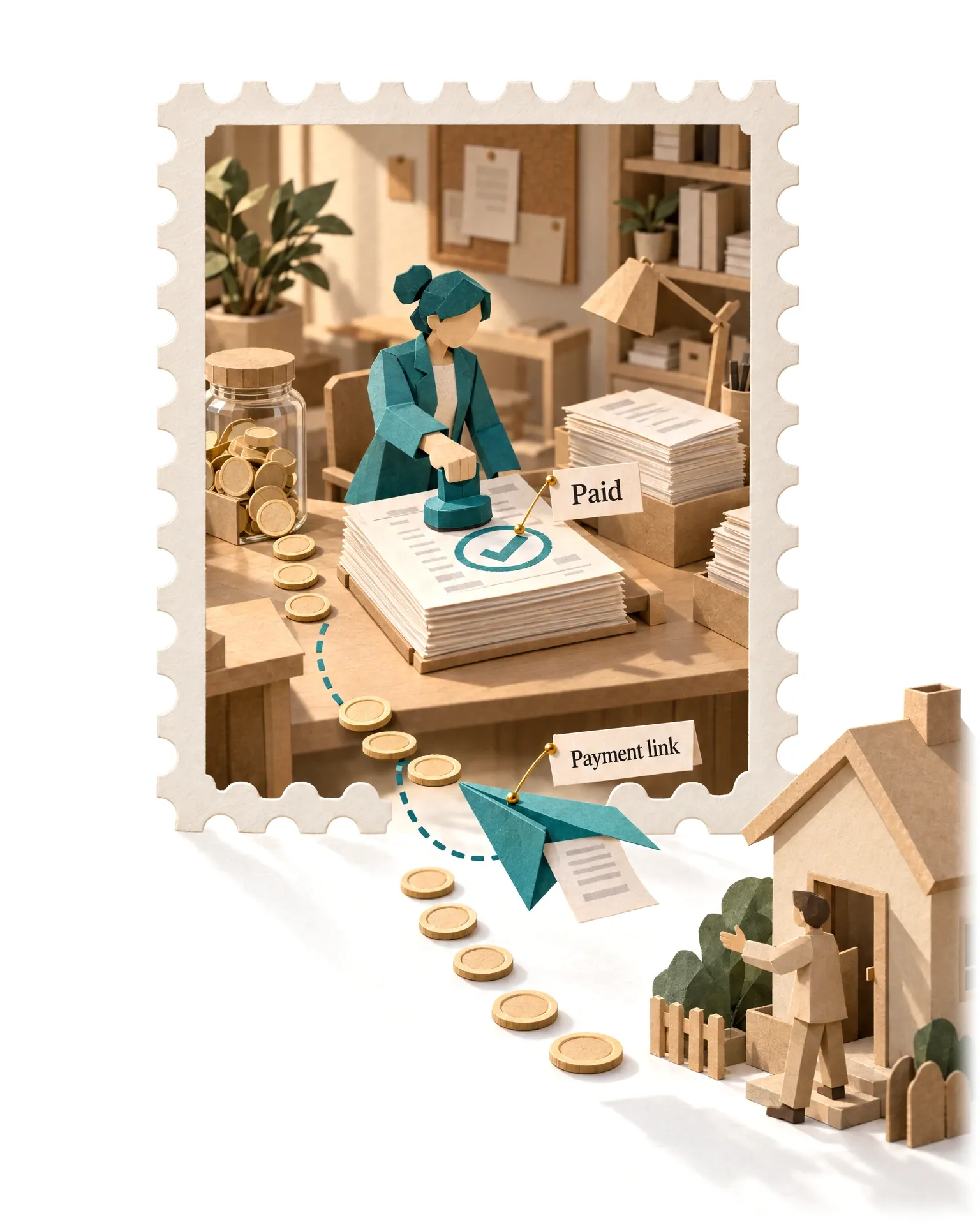 The AI Collections Agent sealing a paid invoice inside a postage-stamp window.