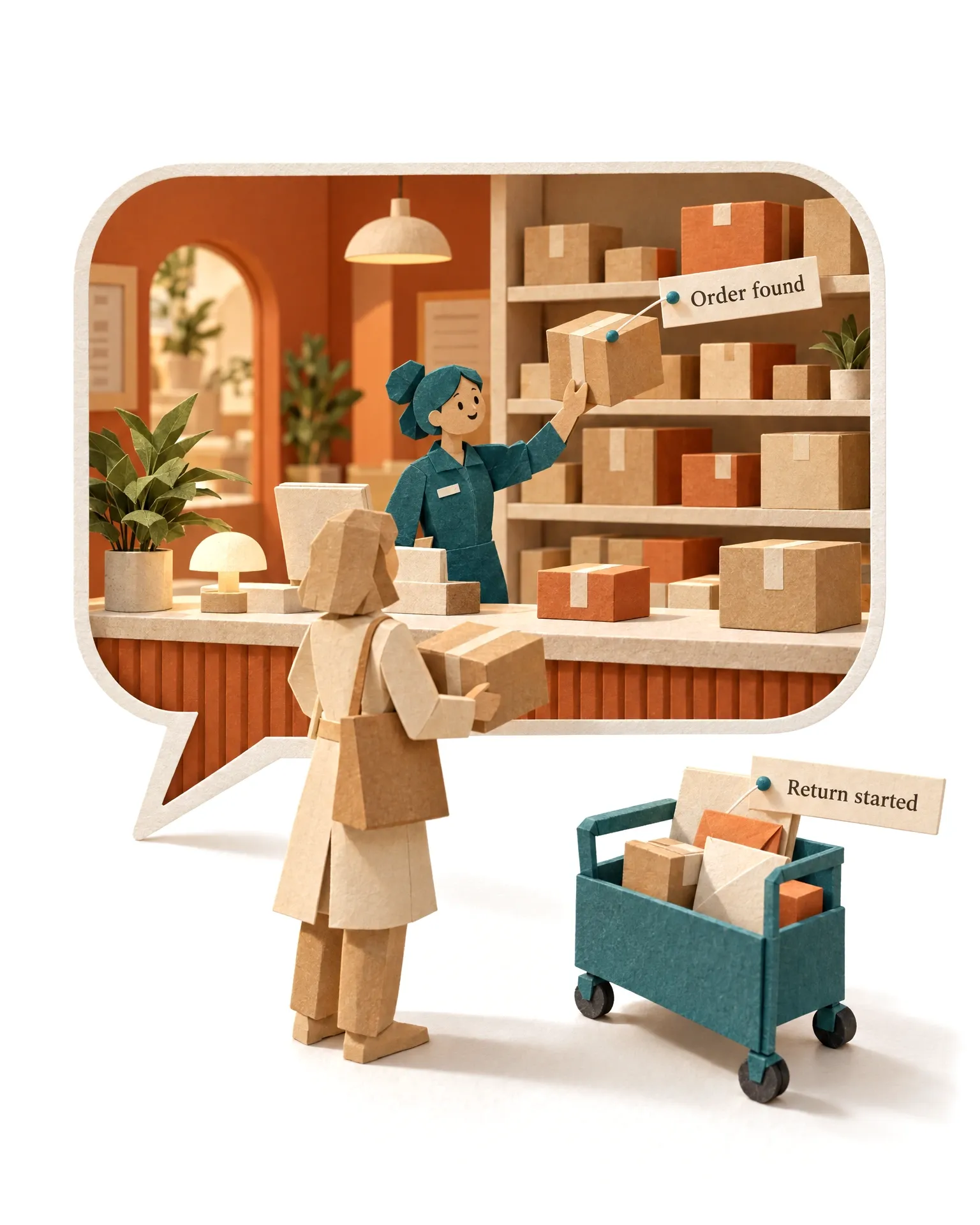 The AI Customer Service Agent finding a parcel at a counter inside a speech bubble.