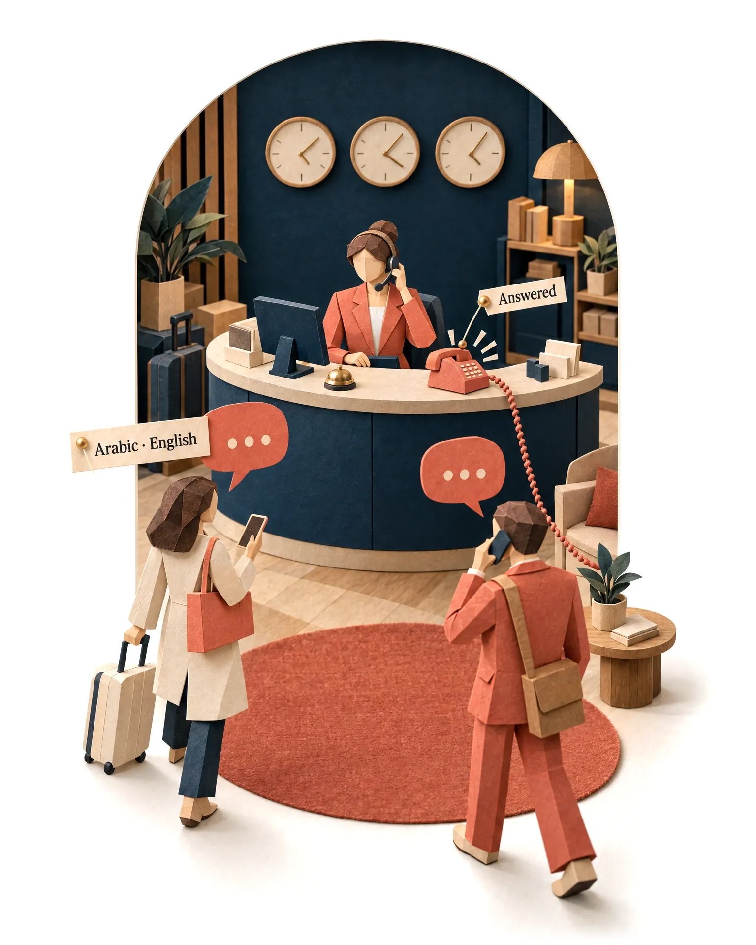 The AI Receptionist answering at a front desk inside an arch, a visitor stepping out onto the rug.