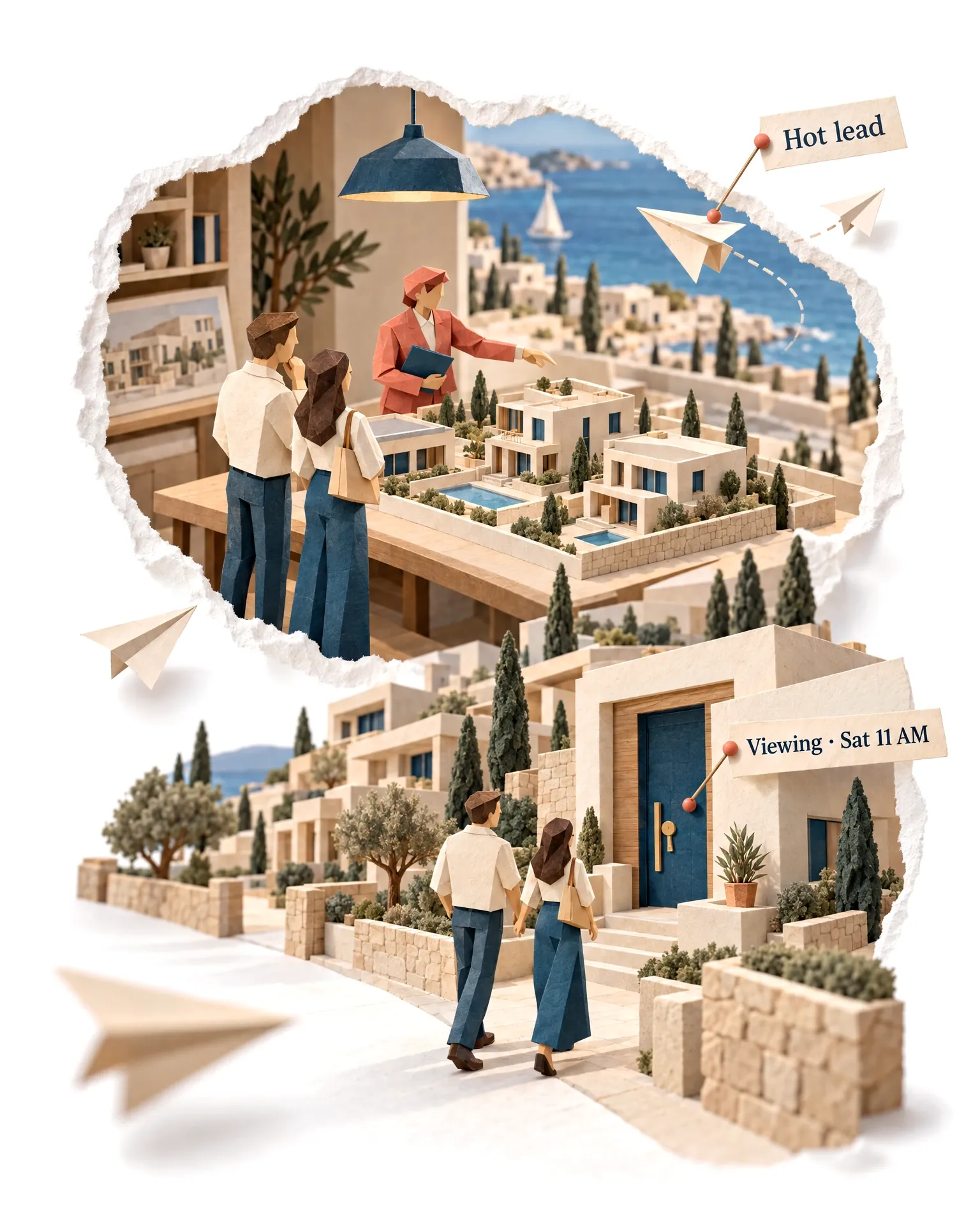 The AI Sales Agent showing a couple a model of villas, the street growing real beyond the window.
