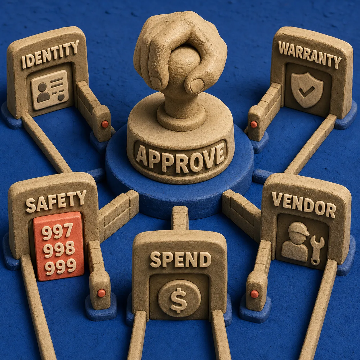 Clay decision gates showing when a maintenance request can proceed and when a human must approve