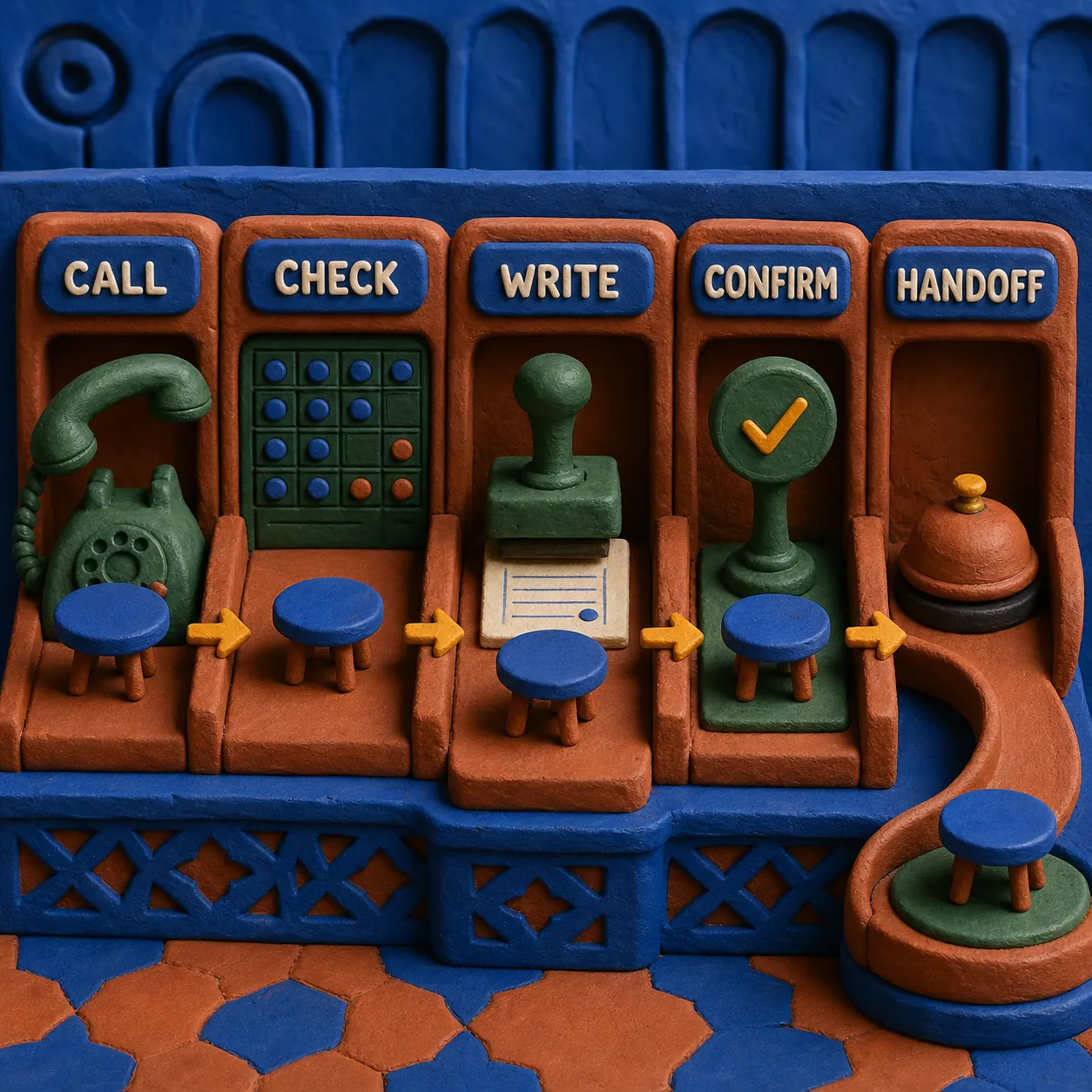 Clay process diagram showing a restaurant call becoming a checked and confirmed reservation or a human handoff