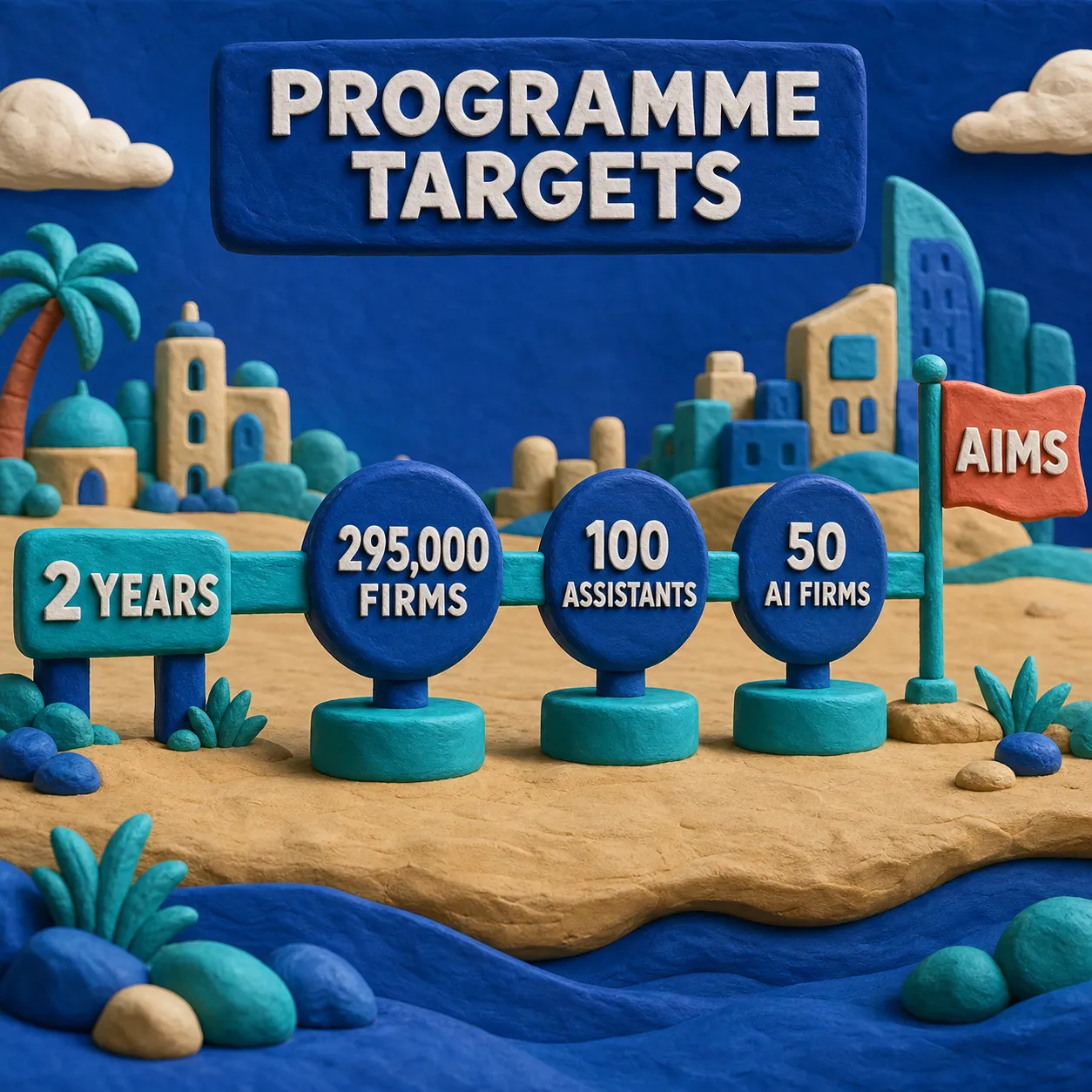 Clay infographic showing Dubai Agentic AI programme targets of 295,000 companies, 100 specialised assistants over two years, and 50 Agentic AI companies