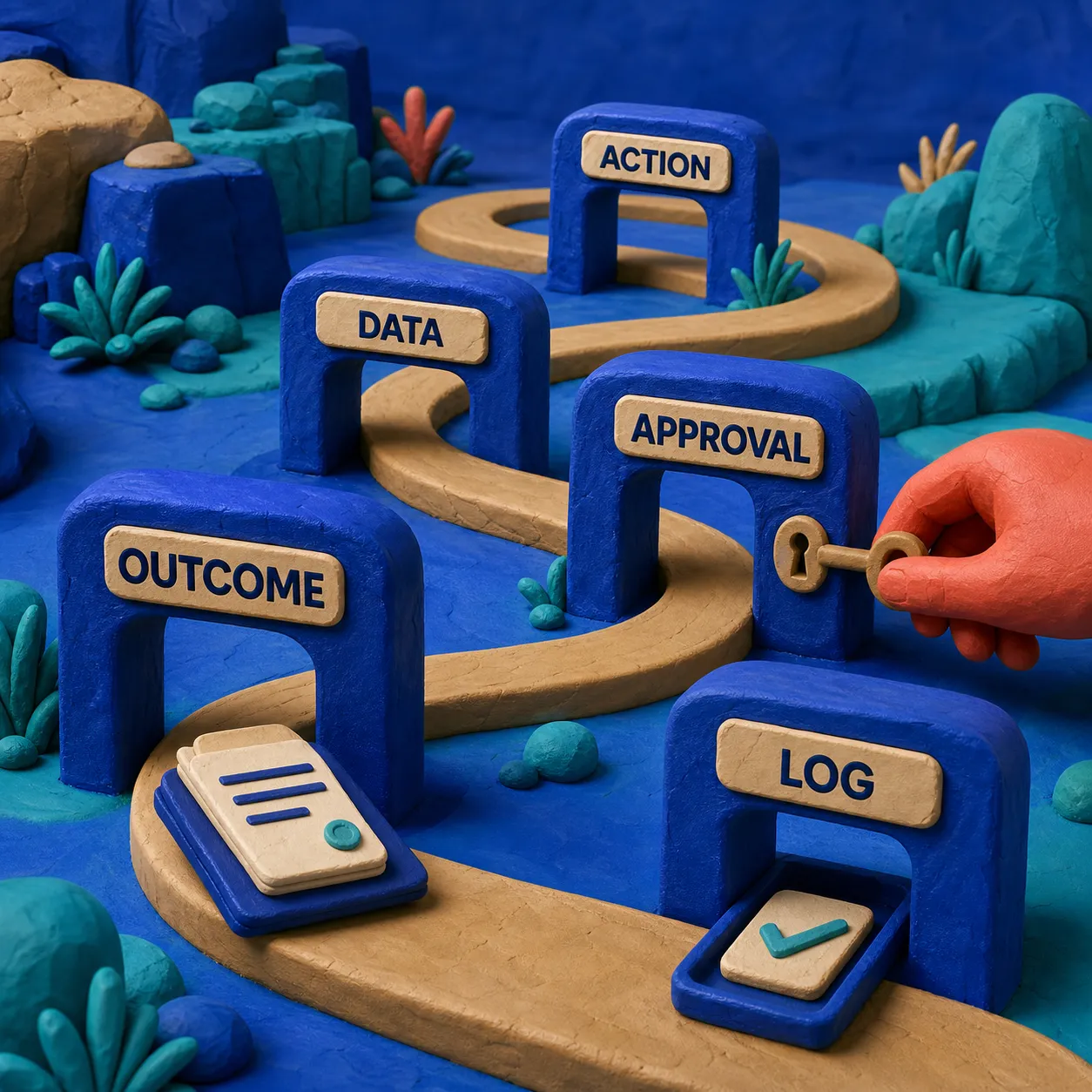 Clay teaching diagram of outcome, data, action, approval, and log gates for a professional-services AI workflow