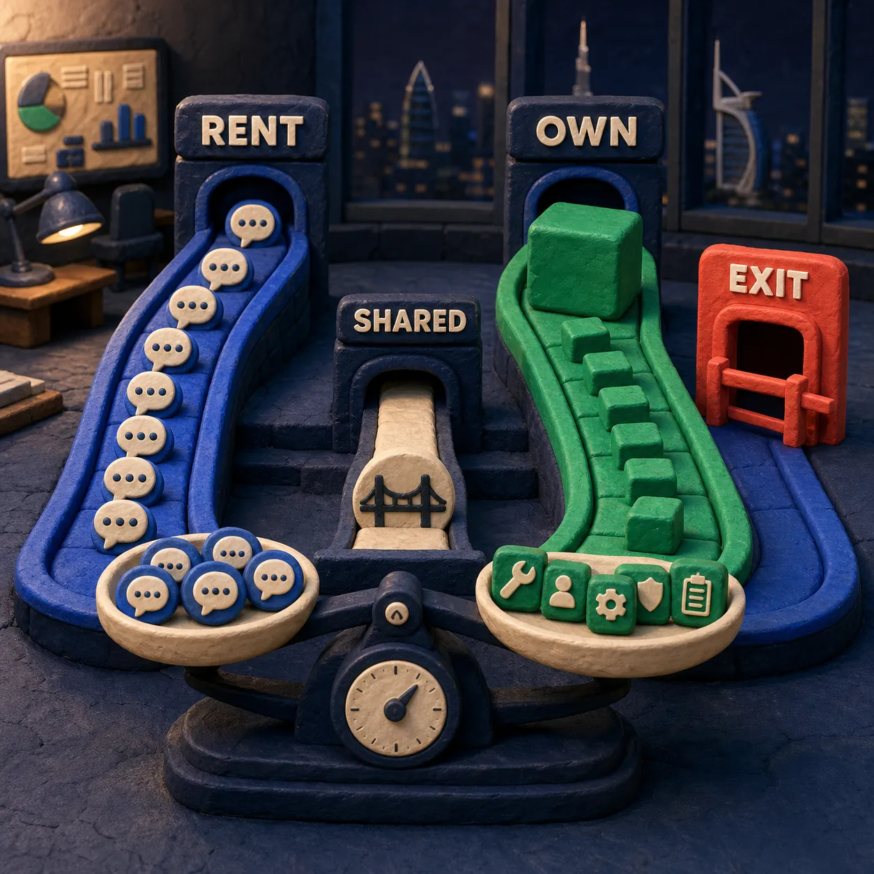 Clay cost comparison showing rent and own tracks with shared channel costs and an exit gate